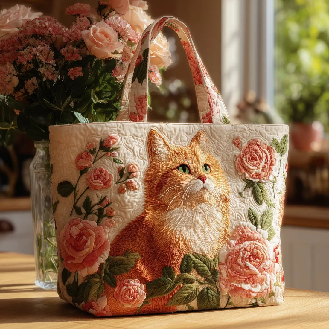 Handgemachte Rote Katzen Tasche mit Rosen