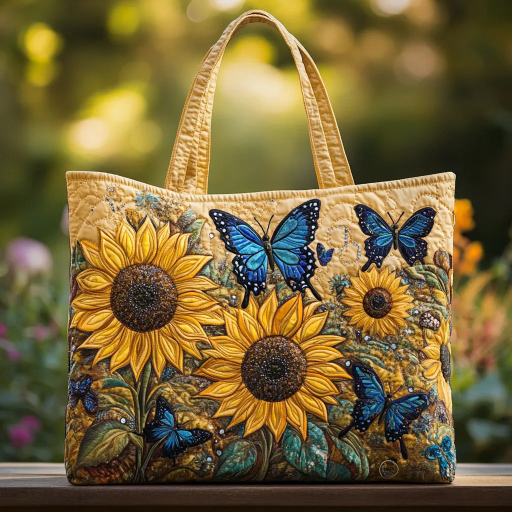 Handgefertigte Sonnenblume und blaue Schmetterling Tasche