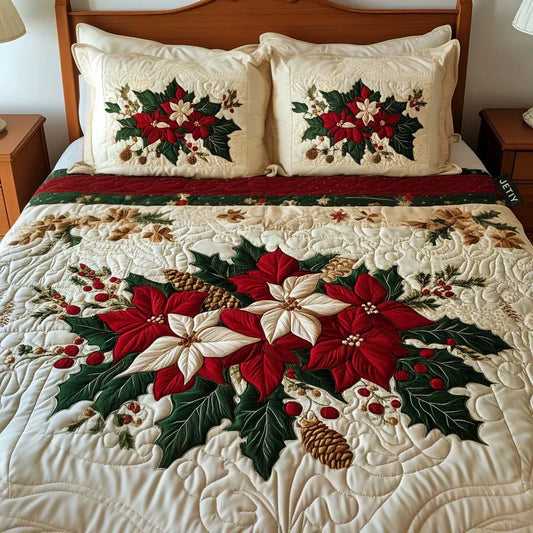 3-Piece Quilted Bedding Set – Poinsettia Magic