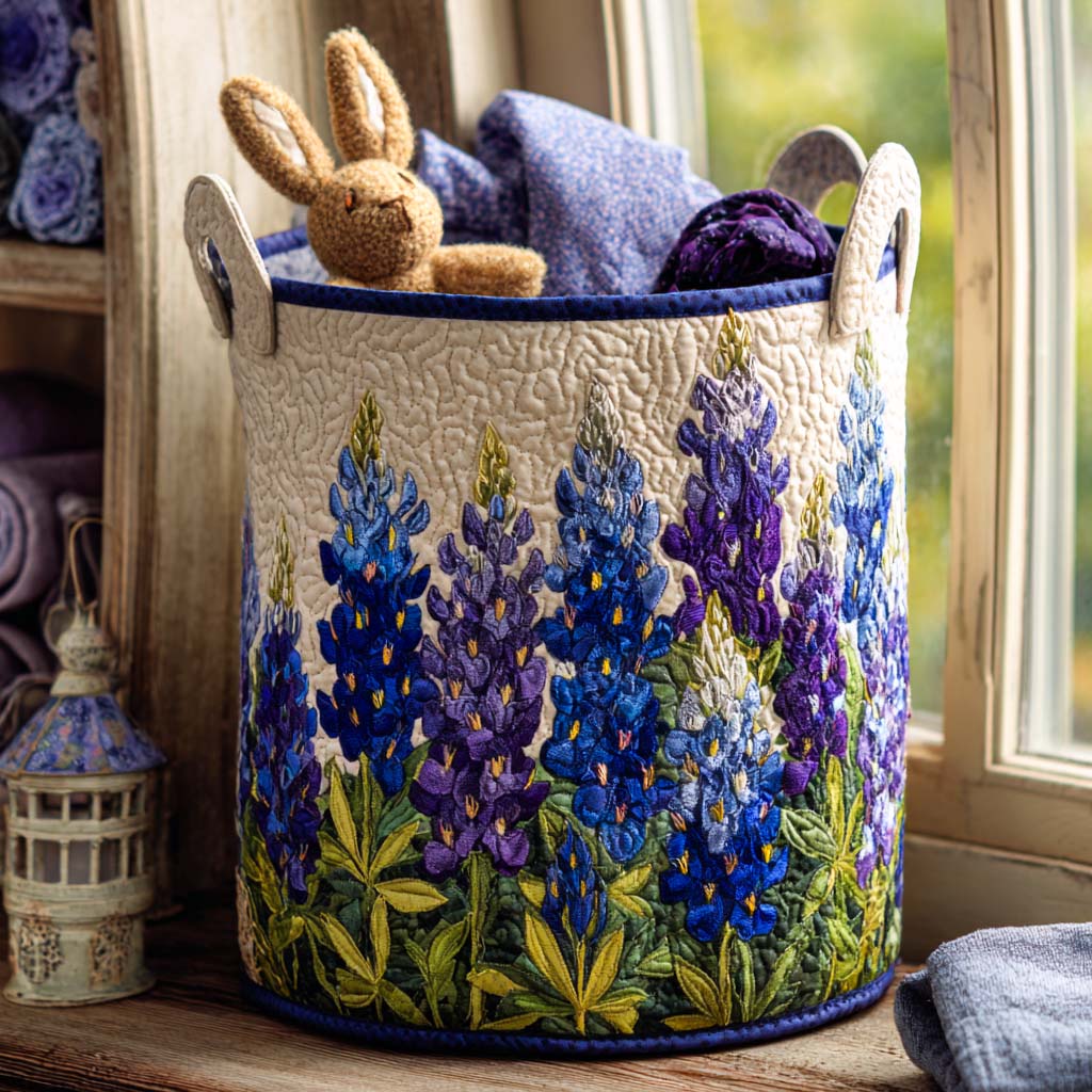 Gesteppter Wäschekorb – Steppwäschesammler mit blauen Blumen NCU0QN009