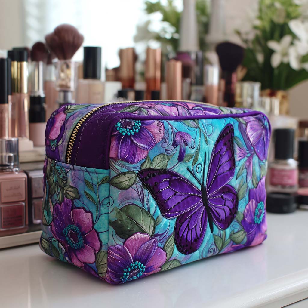 Quilted Cosmetic Bag with Butterflies and Flowers - NCU0NT10167