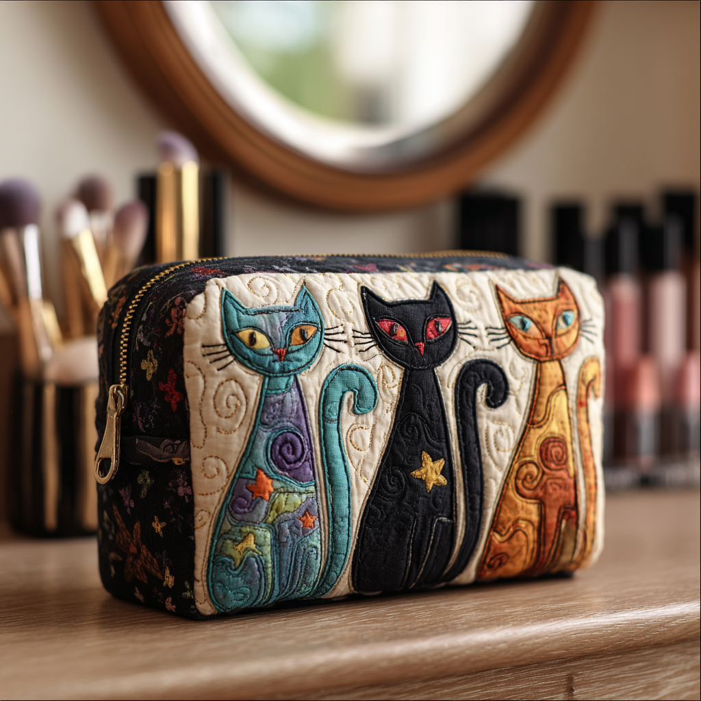 Quilted Cosmetic Bag with Glowing Cat Design NCU0DK10145