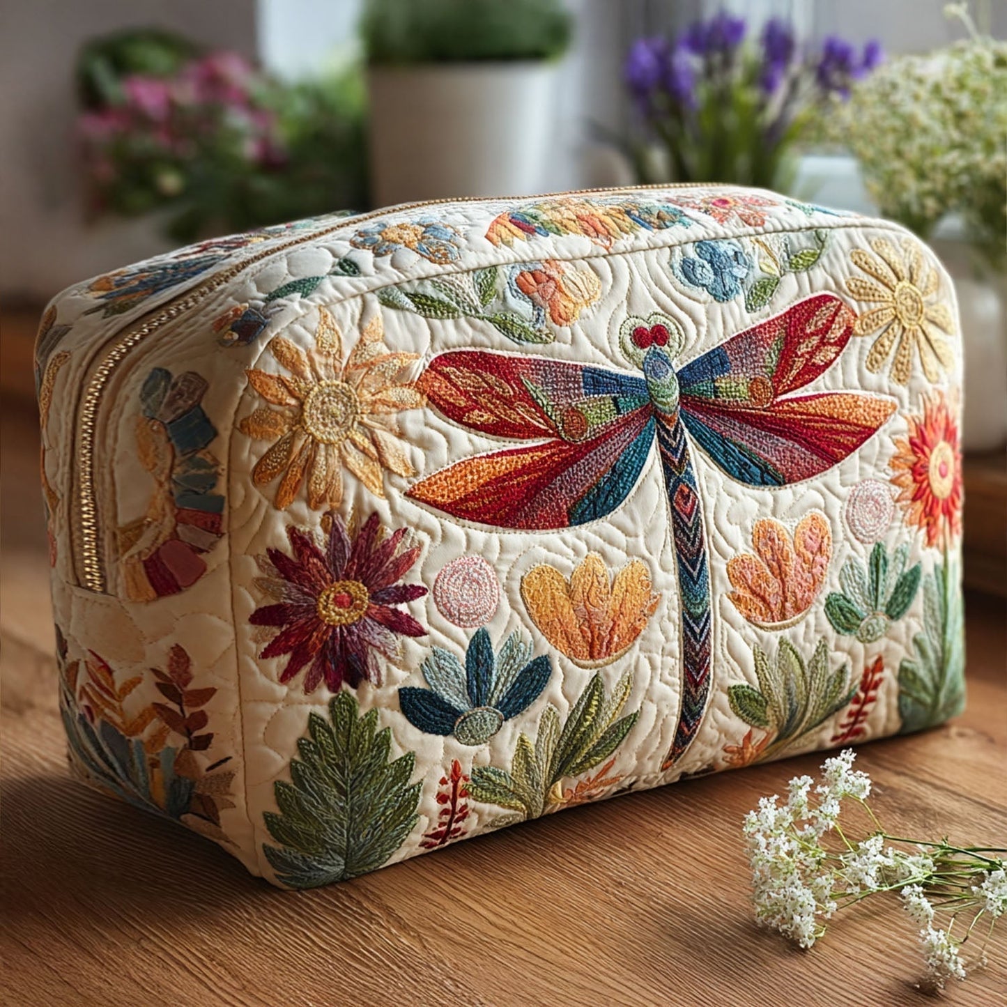 Quilted Cosmetic Bag with Light Blue Dragonfly NCU0PT9339