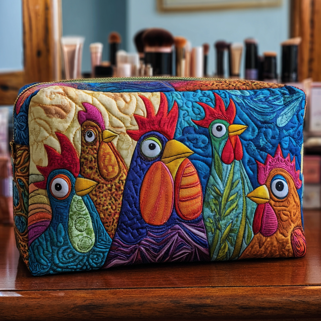 Quilted Cosmetic Bag with Chickens and Flowers NCU0DK10288