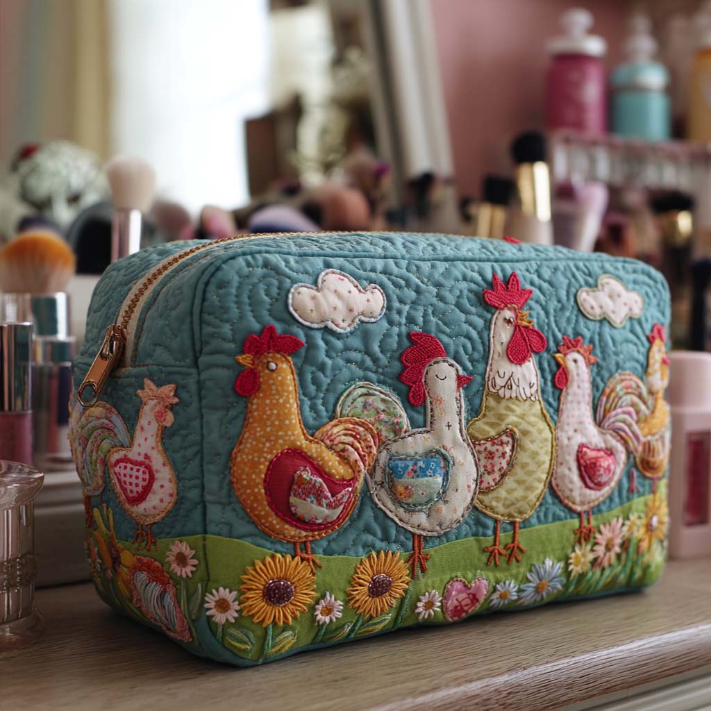 Quilted Cosmetic Bag with Chickens in the Garden NCU0NT10540
