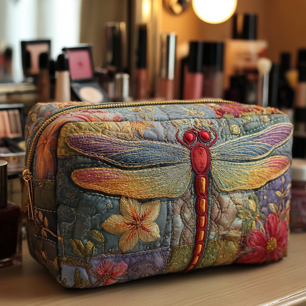 Quilted Cosmetic Bag with Dragonflies in the Meadow NCU0DK10230