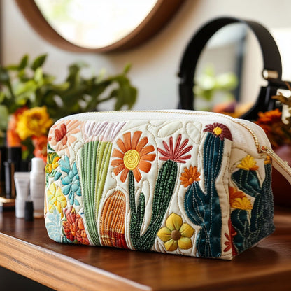 Quilted Cosmetic Bag with Green Cactus - NCU0PT9625