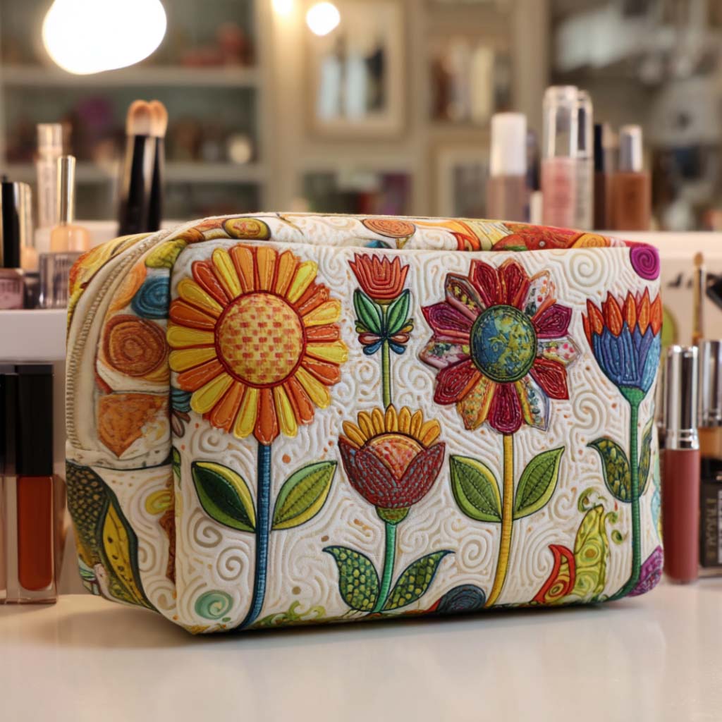 Quilted Cosmetic Bag with Cheerful Flower Design NCU0NT10232