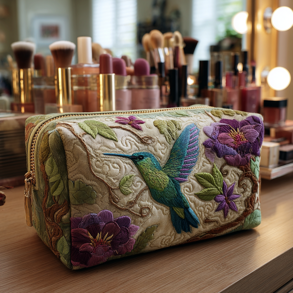 Quilted Cosmetic Bag with Radiant Hummingbird NCU0DK10214