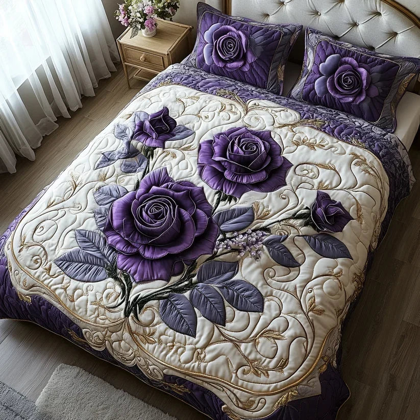 3-delat quiltat sängset – Rosa och Lila
