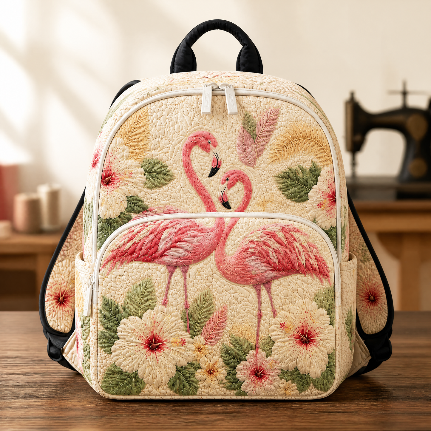 Rosa quiltad ryggsäck med flamingomotiv